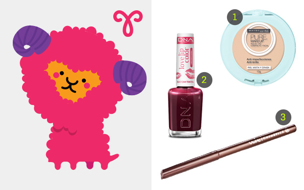 áries-ok 1. Pó compacto anti-brilho Pure Makeup, Maybelline (R$ 39*), 2. Batom tinta Love Lip Color, DNA Italy (R$ 15*) e 3. Lapiseira delineadora Marrom, Vult (R$ 14,79*)