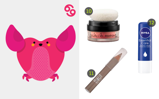 cancer ok 10. Blush puff 002, Vult (R$ 32,30*), 11. Lápis sombra Luz do Verão, Eudora (R$ 19,99*) e 12. Hidratante labial Essential Care, Nivea (R$ 15,48*).