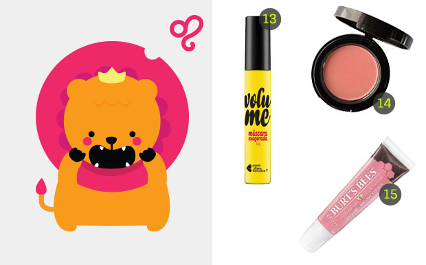 leao 13. Máscara de cílios Exagerada, quem disse, berenice? (R$ 35,90*) 14. Blush Morena, Marina Smith by 2beauty (R$ 56*) e 15. Gloss labial Ocean Sunrise, Burts Bees (R$ 33,90*).