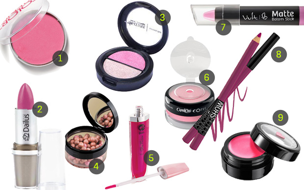 1. Blush Color Trend cor Rosa Pink, Avon (R$ 22,99*), 2. Batom Violeta, Dailus Color (R$ 10,80*), 3. Duo de sombras cor 188, Max Love (R$ 10,98*), 4. Pérolas iluminadoras, Eudora (R$ 65,99*), 5. Gloss Barbie Fashion Pink cor 55, Fenzza (R$ 22,98*), 6. Glitter superbrilho CAPRICHO Rosa, O Boticário (R$ 26,99*), 7. Batom Matte Stick cor 04, Vult (R$ 23,50*), 8. Lápis para olhos Color Show Liner Rosa, Maybelline (R$ 23,99*) e 9. Balm labial Roseira, Quem Disse, Berenice? (R$ 21,90*)