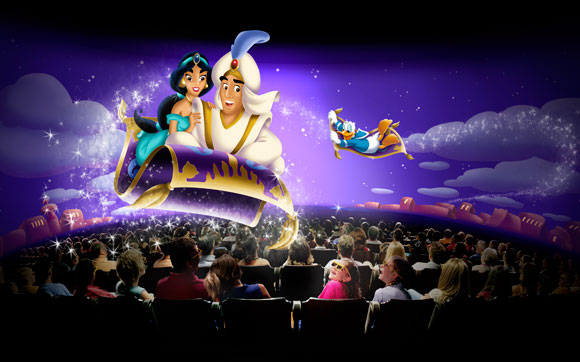 Pato Donald, Aladim e Jasmine em Mickey's PhilhaMagic, filme 3D do parque Magic Kingdom no Walt Disney World Resort em Orlando.