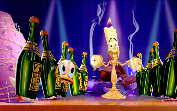 Pato Donald e Lumière em Mickey's PhilhaMagic, filme 3D do parque Magic Kingdom no Walt Disney World Resort em Orlando.