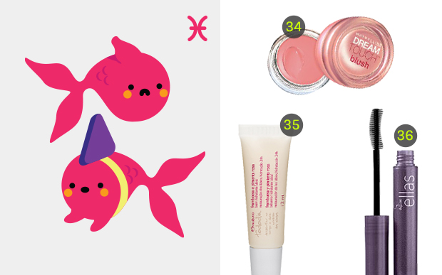 peixes 34. Blush Dream Touch Plum, Maybelline (R$ 49,90*), 35. Balm hidratante Framboesa e Pimenta Rosa, Natura (R$ 21,90*) e 36. Máscara para cílios Ellas, Jequiti (R$ 24,90*).