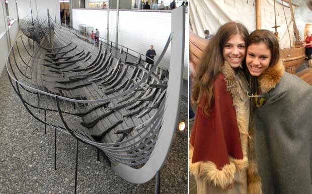 À esquerda, um barco viking original; à direita, a Bea com uma amiga usando roupas vikings (Foto: Reprodução/Arquivo Pessoal)