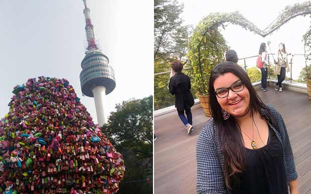 Essa é a famosa N Seoul Tower. Na foto da direita, a Giullie está lá em cima dela!