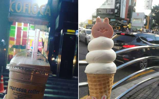 À direita, uma bebida do Cofioca; à direita, um sorvete muito fofo da loja Line Friends. (Foto: arquivo pessoal)