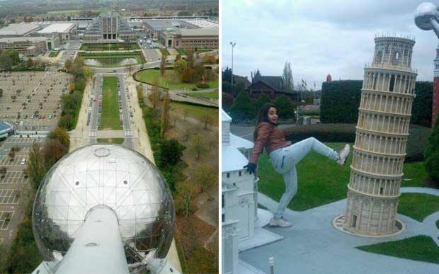 À esquerda, a vista do Atomium; à direita, a maquete da Torre de Pisa na mini Europa.