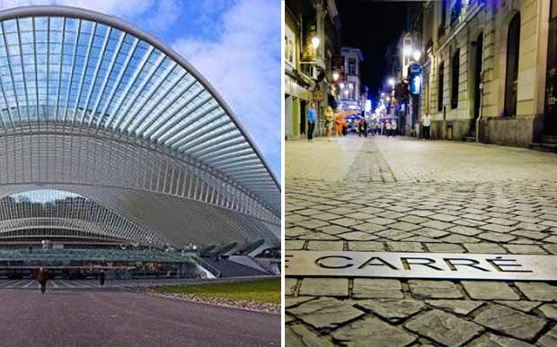 liege À esquerda, a estação de trem; à direita, o Carré