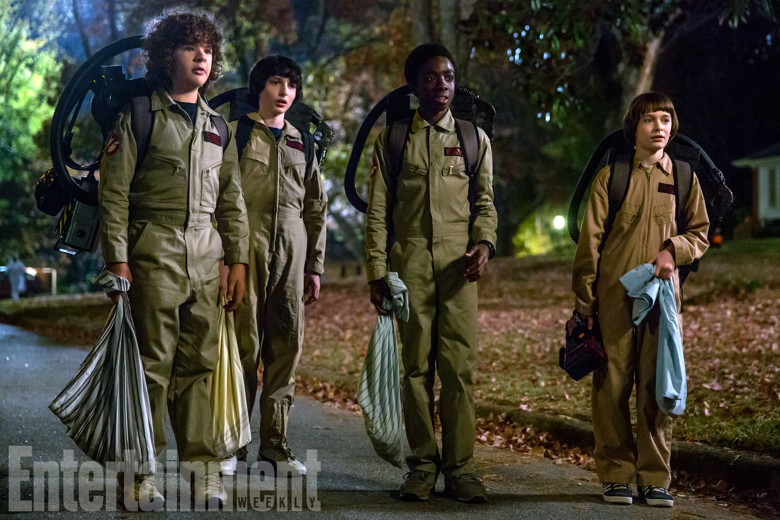 Stranger Things (2017) Season 2, Episode TK Left to right, Gaten Matarazzo as Dustin Henderson, Finn Wolfhard as Mike Wheeler, Caleb McLaughlin as Lucas Sinclair, Noah Schnapp as Will Byers