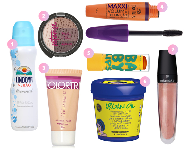 larissa-manoela-segredos-de-beleza-5 1. Água termal, Lindoya (R$ 35*); 2. Quarteto de sombras Intense Neutros Intensos, O Boticário (R$ 45,90*); 3. BB Cream Color Trend FPS 30, Avon (R$ 23,99*); 4. Máscara Maxxi Volume e Definição, Dailus Color (R$ 30,80*); 5. Hidratante labial Baby Lips Abacaxi, Maybelline (R$ 14,90*); 6. Máscara reconstrutora Argan Oil, Lola Cosmetics (R$ 37*); 7. Gloss Cor 04, Mia Make (R$ 16,60*). Fotos