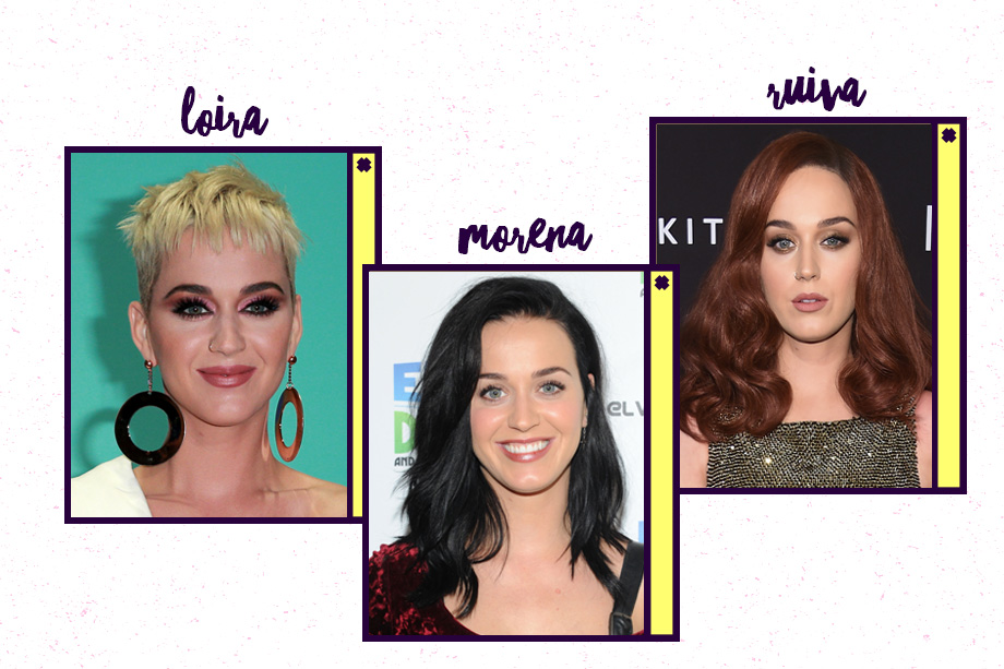 Katy Perry ficou conhecida pelos fios megaescuros, que destacavam seus olhos azuis. Mas ela é naturalmente loira, sabia? Ok, hoje, o cabelo dela está beeem mais claro, vale dizer! A cantora também usou um tom avermelhado em 2015 - provavelmente peruca.