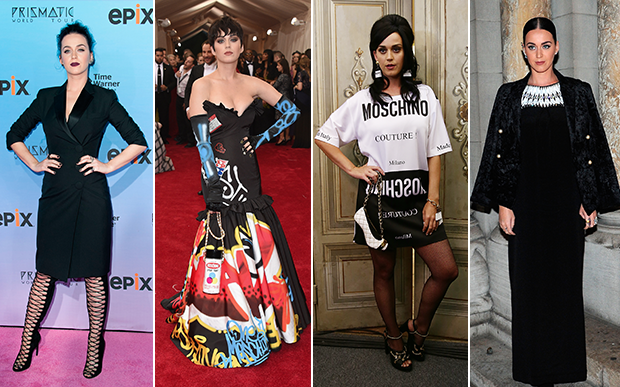 2015 – Dark Perry! O preto dominou geral o visual da Katy. Dos desfiles de moda ao baile do MET, a cantora se jogou nos looks assinados por Jeremy Scott, seu bff e estilista da Moschino.