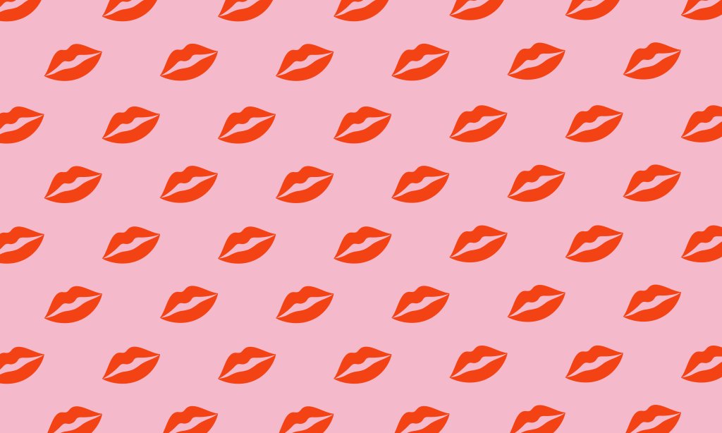 fundo rosa com vários desenhos de marca de beijo