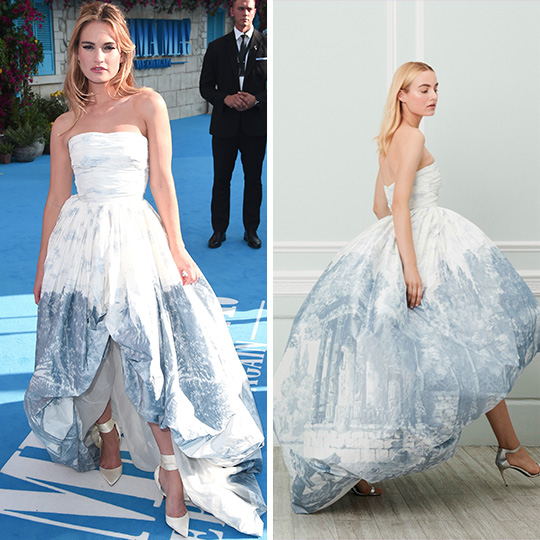 Lily James usou um vestido bem Cinderela na pre-estreia de Mamma Mia 2