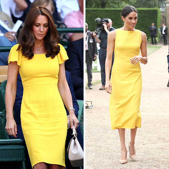 kate-meghan Kate e Meghan apostaram na cor amarela em eventos recentes.