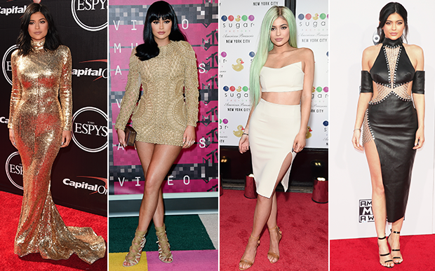 2015- no red carpet: OMG! Existe look mais Kylie do que este conjunto nude? Ou talvez este vestido dourado? Repare que ela encontrou até uma pose característica para suas fotos de red carpet: pernas cruzadas e quadril jogado para o lado.
