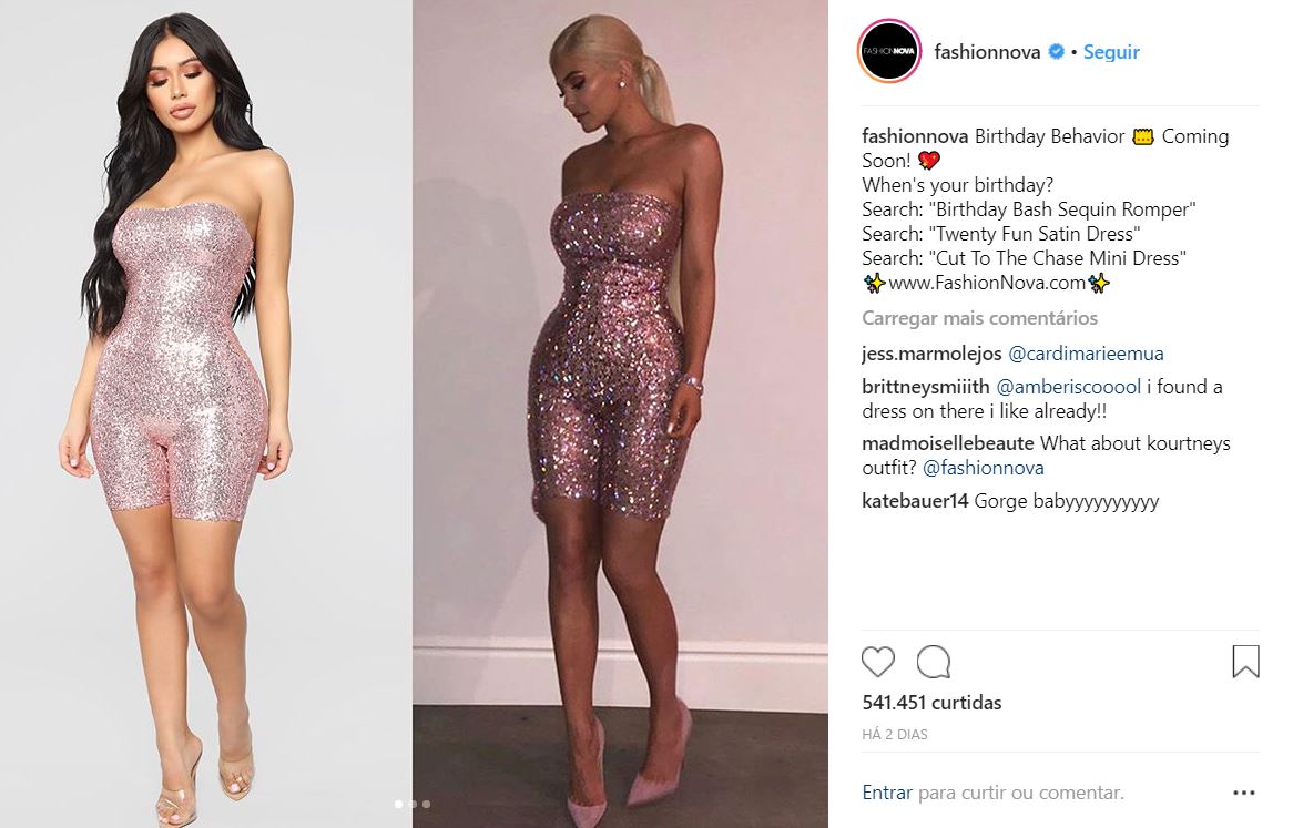 A marca Fashion Nova criou uma versão do vestido que a Kylie Jenner usou em sua festa de aniversário.