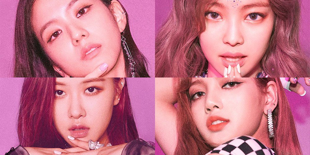 Montagem com as 4 integrantes do grupo de k-pop Blackpink, todas estão com uma expressão séria, na foto só conseguimos ver um close em seus rostos sem detalhes das peças de roupa. Todas estão em um fundo roxo.