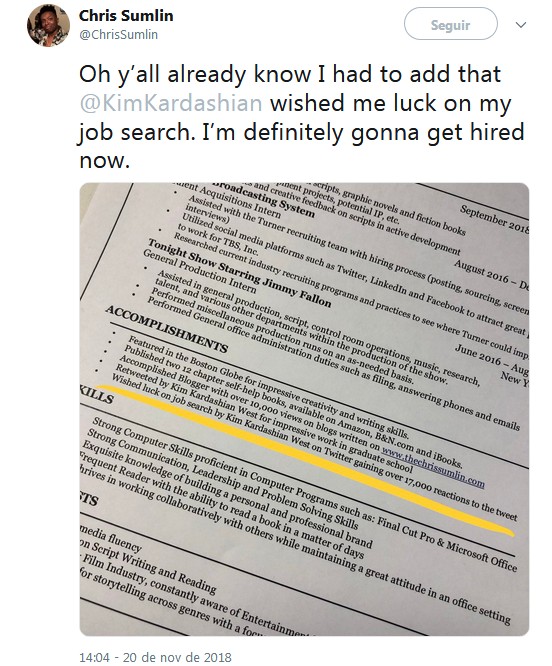 Fã coloca retweet de Kim Kardashian no currículo e consegue entrevistas