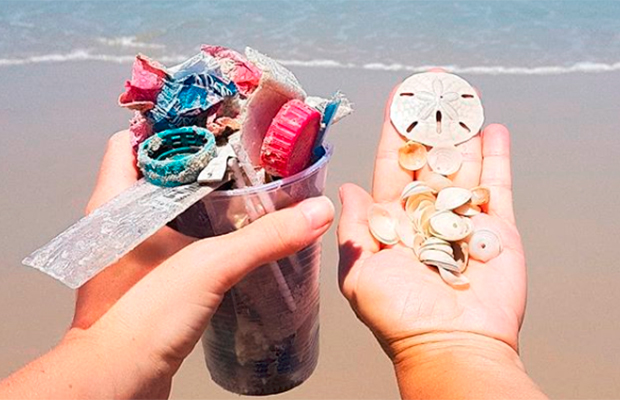 Foto mostrando uma mão segurando lixos plásticos recolhidos em praias e outra segurando conchinhas do mar