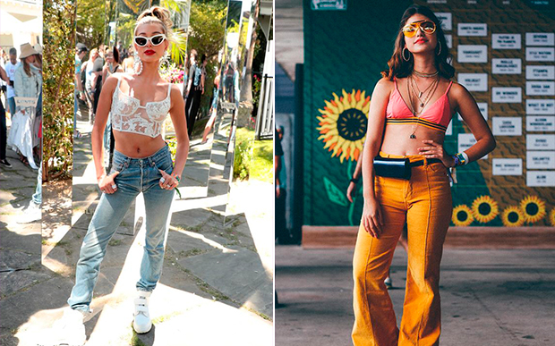 Calça foi a aposta de Hailey Bieber e Giovanna Grigio. A modelo usou jeans com cropped de renda, já a atriz estava toda trabalhada no ~mood~ retrô com calça amarela e óculos aviador.