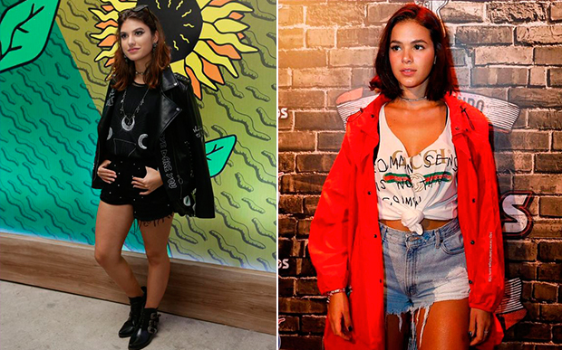 Jaqueta foi o item fashionista escolhido por Giovanna Grigio e Bruna Marquezine. A Gi estava na vibe rocker com jaqueta de couro, enquanto Bruna apostou no estilo street. Qual você usaria?