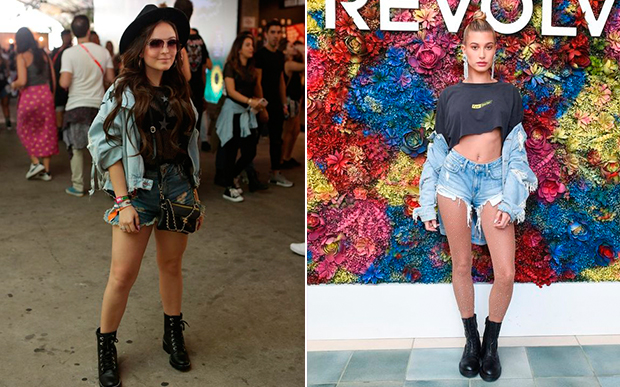 Um visu com jaqueta, short jeans e botinha foi a escolha de Larissa Manoela e Hailey Bieber.