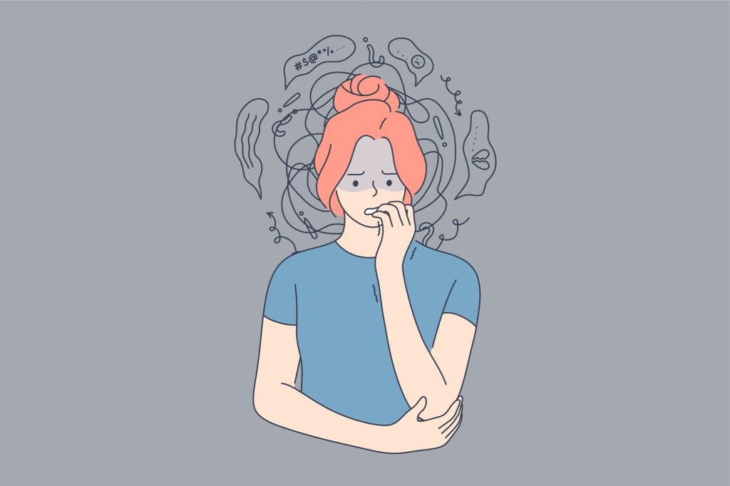 ilustração de garota roendo as unhas e com expressão ansiosa