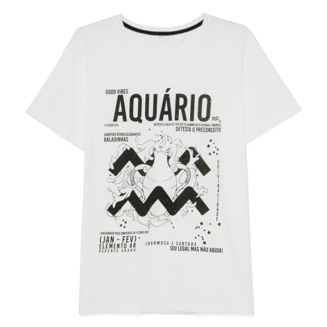 Camiseta Signo de Aquário, Riachuelo, R$ 39,90*. Camiseta Signo de Aquário, Riachuelo, R$ 39,90*.