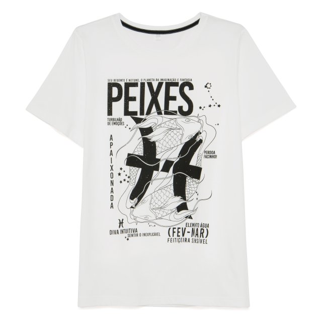 Camiseta Signo de Peixes, Riachuelo, R$ 39,90*. Camiseta Signo de Peixes, Riachuelo, R$ 39,90*.