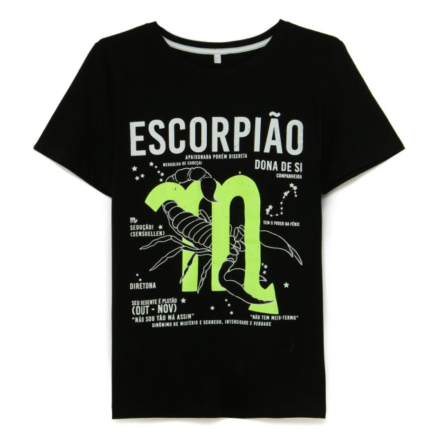 Camiseta Signo de Escorpião, Riachuelo, R$ 39,90*. Camiseta Signo de Escorpião, Riachuelo, R$ 39,90*.