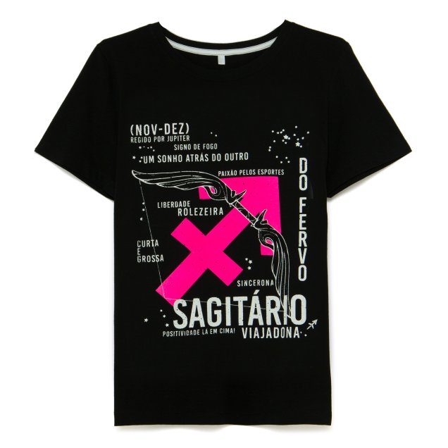 Camiseta Signo de Sagitário, Riachuelo, R$ 39,90*. Camiseta Signo de Sagitário, Riachuelo, R$ 39,90*.