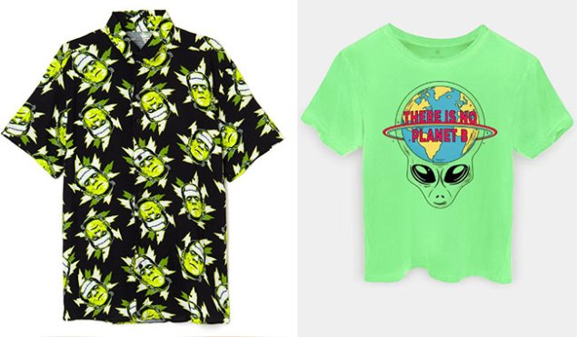 Camisa Frankenstein, ad Riachuelo (R$ 119,90*), e Camiseta Alien, da Ziovara (R$ 59,90*).