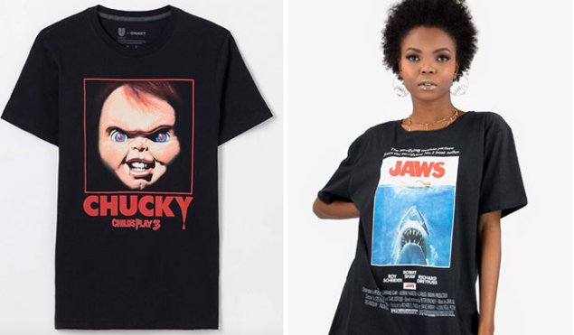 Camiseta Chucky: Brinquedo Assassino da Renner (R$ 49,90*) e tubarão Jaws da Ziovara (R$ 99,90*).