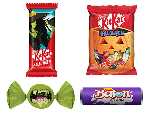 A Nestlé lançou pacotes de KitKat (15 unidades por R$ 18,99*), bombons Garoto (25 unidades por R$ 19,99*) e chocolates Baton (30 unidades por R$ 29,99*) no tema Halloween.