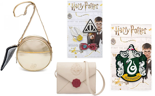 Acessórios de Harry Potter da Imaginarium: Bolsa Pomo de Ouro (R$ 229,90*); Cartela de Pins (R$ 29,90*); Bolsa Carta de Hogwarts (R$ 239,90*); Patch Sonserina (R$ 19,90*).