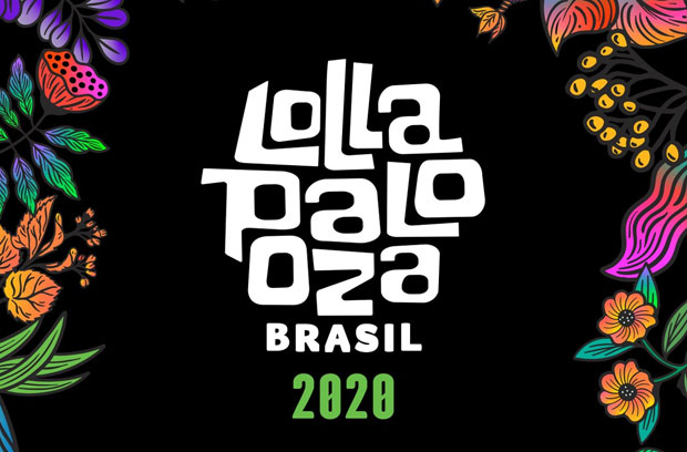 Logo do Lollapalooza Brasil em fundo preto com flores e platinhas nos cantos do retângulo rodeando o nome do festival