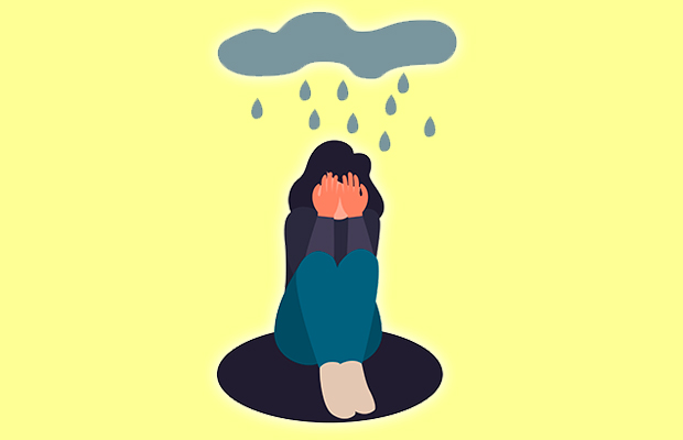 ilustração de uma menina chorando sob uma nuvem chuvosa