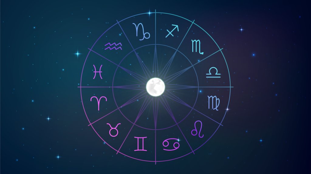 Em um fundo azul escuro, aparece um luz brannca no centro e em volta, um círculo com os símbolos dos signos do zodíaco