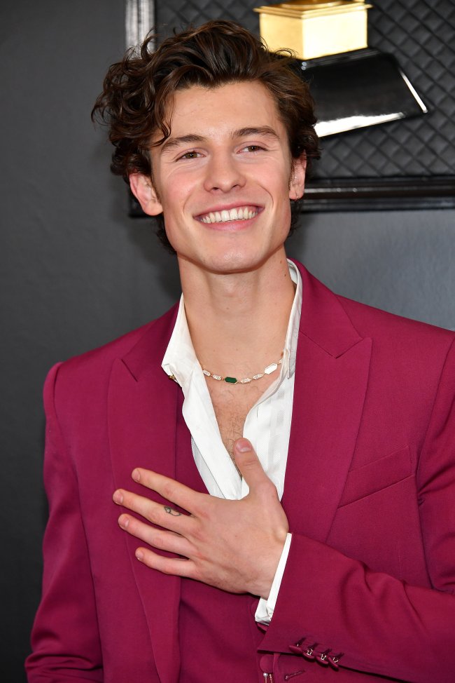 Shawn Mendes no GRAMMY Awards 2020, realizado no Staples Center em Los Angeles; ele usa um terno em tom de vinho e uma camisa branca; está sorrindo com a mão no peito