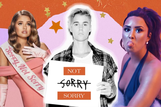 Colagem com as fotos de Justin Bieber, Demi Lovato e Debby Ryan dizendo Not Sorry