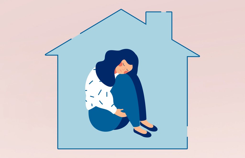 ilustração de uma casa com uma menina dentro