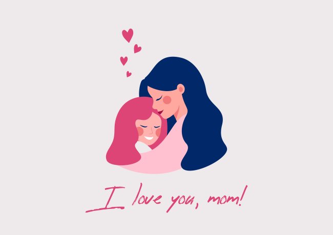 Ilustração de uma filha de cabelo rosa abraçando a mãe de cabeço azul; corações estão saindo do meio delas