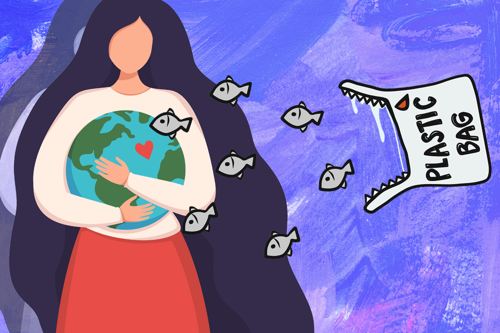 Ilustrações de uma mulher abraçando o planeta Terra e de uma sacola plástica imitando um tubarão e comendo peixinhos
