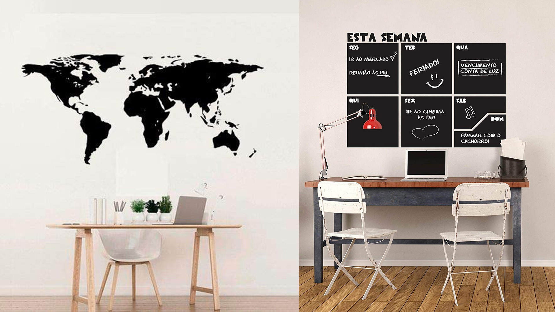 adesivo_amazon A imagem mostra duas fotos de adesivos de parede, um no formato de mapa na cor preta e outro na cor preta, com 6 quadrados formando um calendário semanal.