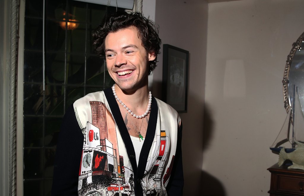Harry Styles usando tricô com decote V, colar de pérolas, sorrindo e olhando para o lado