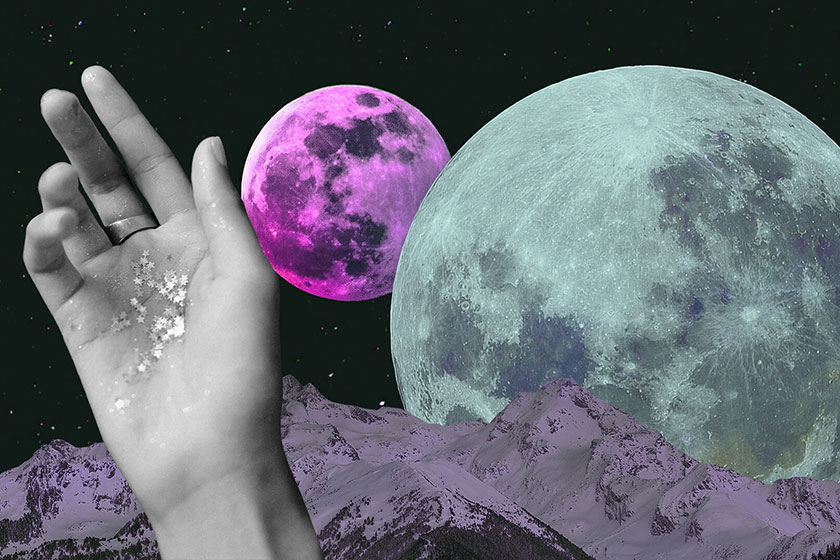 ilustração de um planeta, a lua e uma mão coberta com glitter