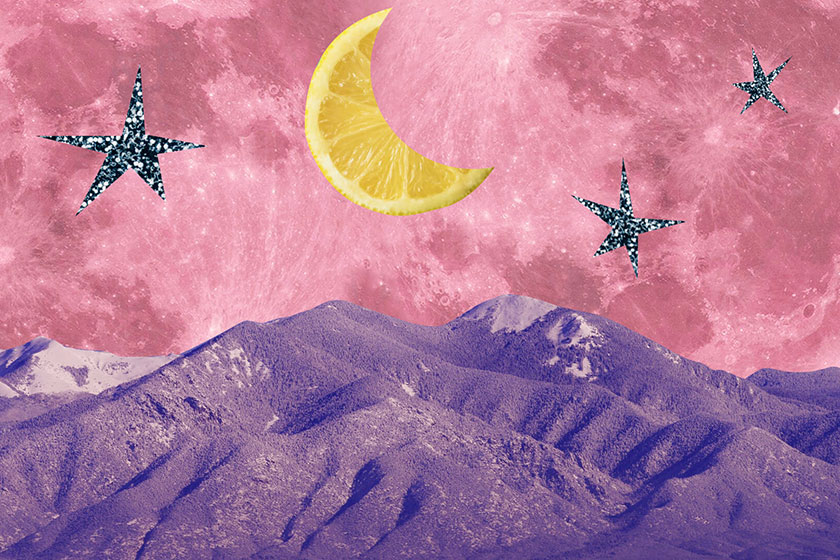 ilustração de estrela, montanha e lua em forma de laranja