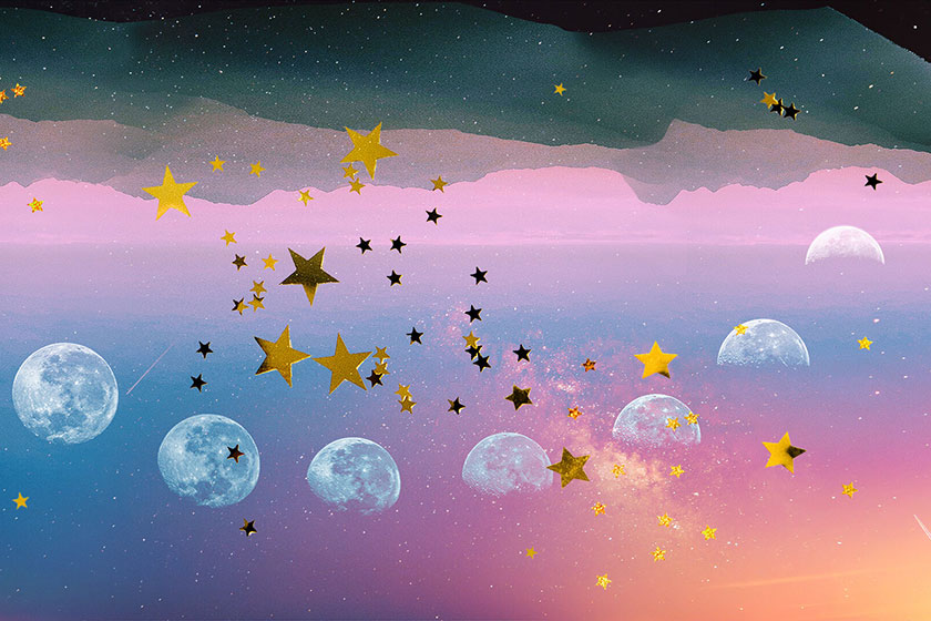 ilustração de um céu com estrelas e várias fases da lua