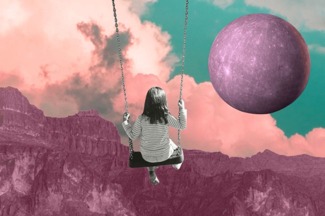 Ilustração de uma garota em um balanço olhando para a lua